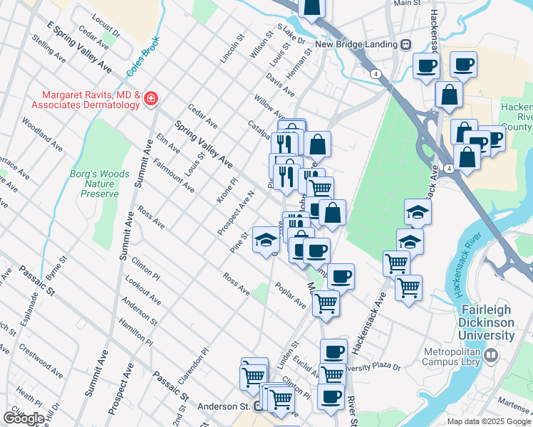 map of restaurants, bars, coffee shops, grocery stores, and more near 1 Spring Valley Avenue in Hackensack