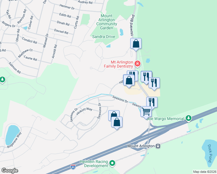 map of restaurants, bars, coffee shops, grocery stores, and more near 34 Brookside Lane in Mount Arlington
