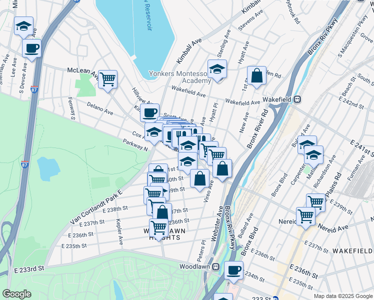 map of restaurants, bars, coffee shops, grocery stores, and more near 986 McLean Avenue in Yonkers