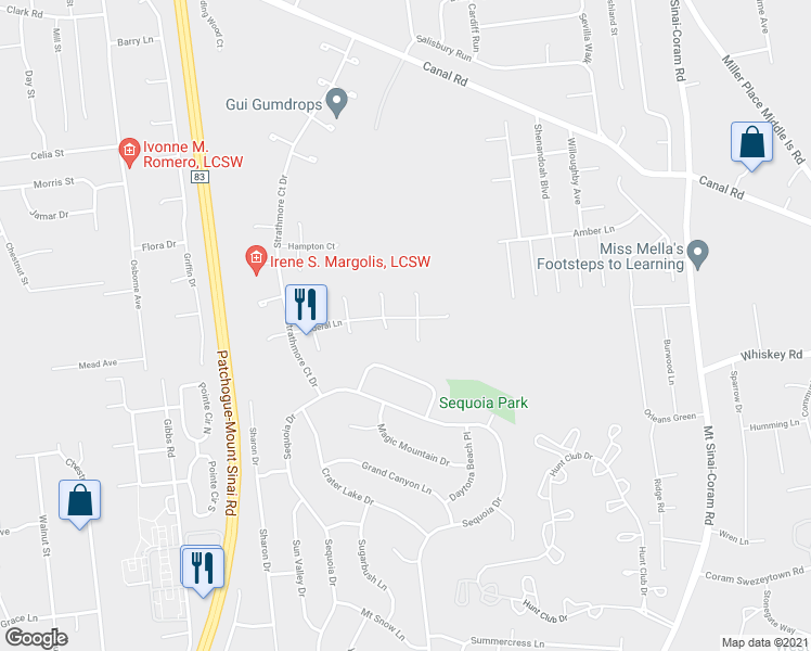 map of restaurants, bars, coffee shops, grocery stores, and more near 49 Federal Lane in Coram