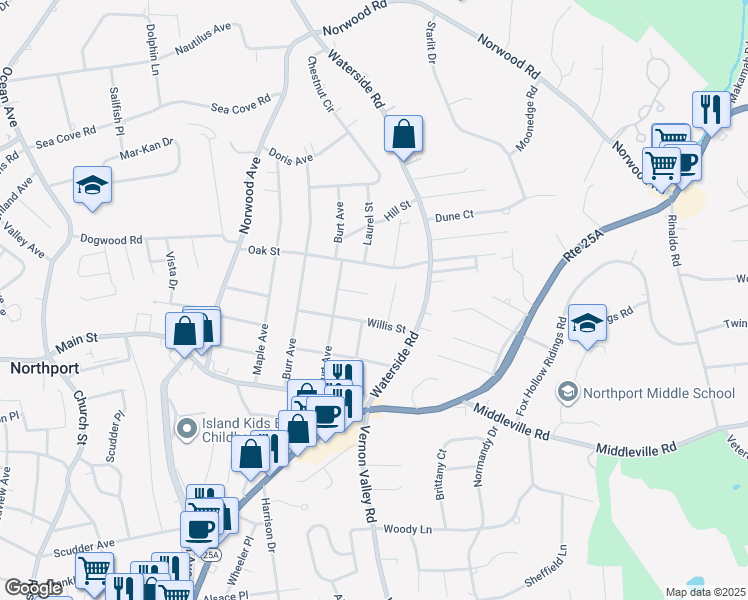 map of restaurants, bars, coffee shops, grocery stores, and more near 30 Wilhow Court in Northport