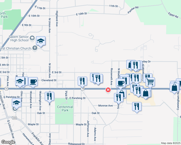 map of restaurants, bars, coffee shops, grocery stores, and more near 1740 E 3rd St in Salem