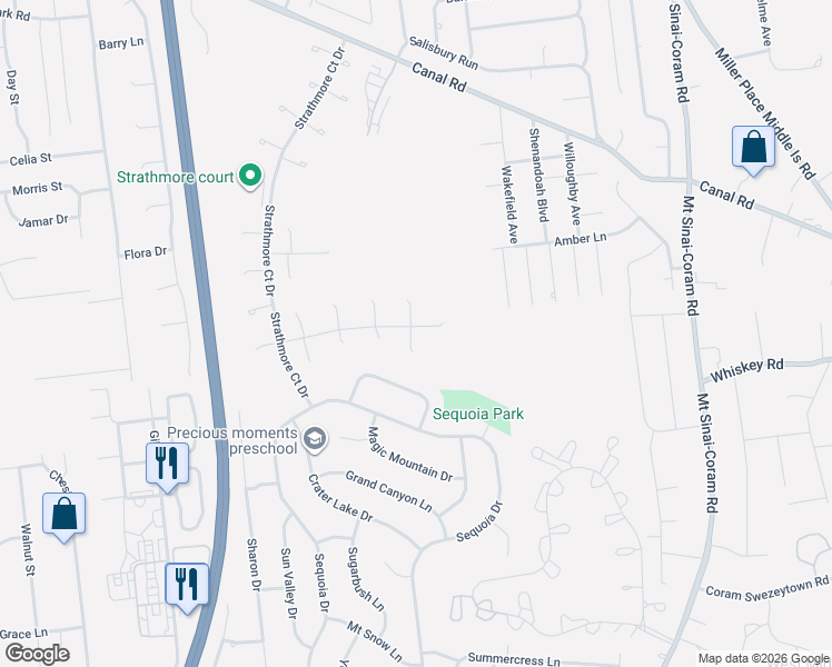 map of restaurants, bars, coffee shops, grocery stores, and more near 54 Federal Lane in Coram