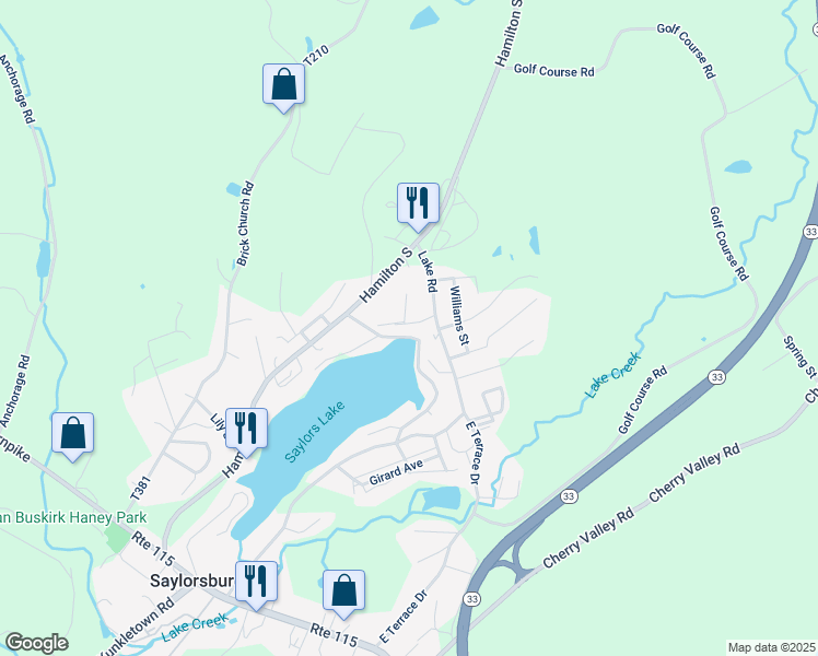 map of restaurants, bars, coffee shops, grocery stores, and more near 311 William Penn Street in Saylorsburg