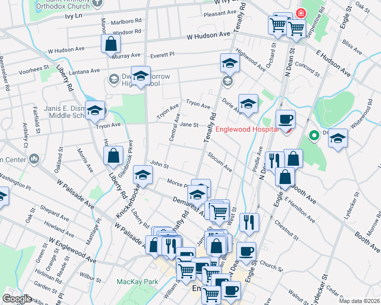 map of restaurants, bars, coffee shops, grocery stores, and more near 153 Slocum Avenue in Englewood
