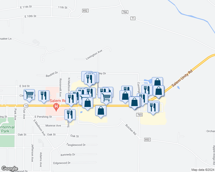 map of restaurants, bars, coffee shops, grocery stores, and more near 250 Continental Drive in Salem