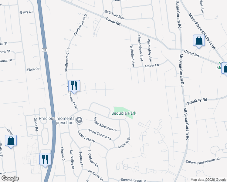 map of restaurants, bars, coffee shops, grocery stores, and more near 74 Federal Lane in Coram