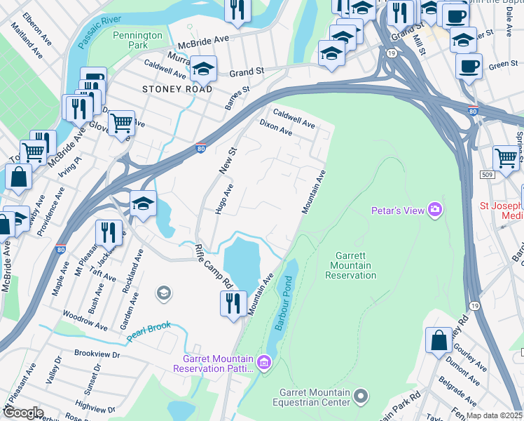 map of restaurants, bars, coffee shops, grocery stores, and more near 39 Wilson Avenue in Woodland Park