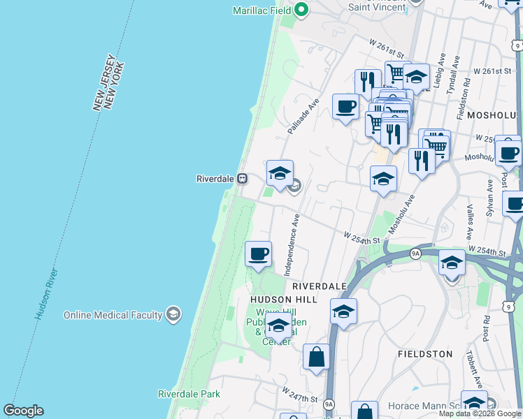 map of restaurants, bars, coffee shops, grocery stores, and more near 740 West 254th Street in The Bronx