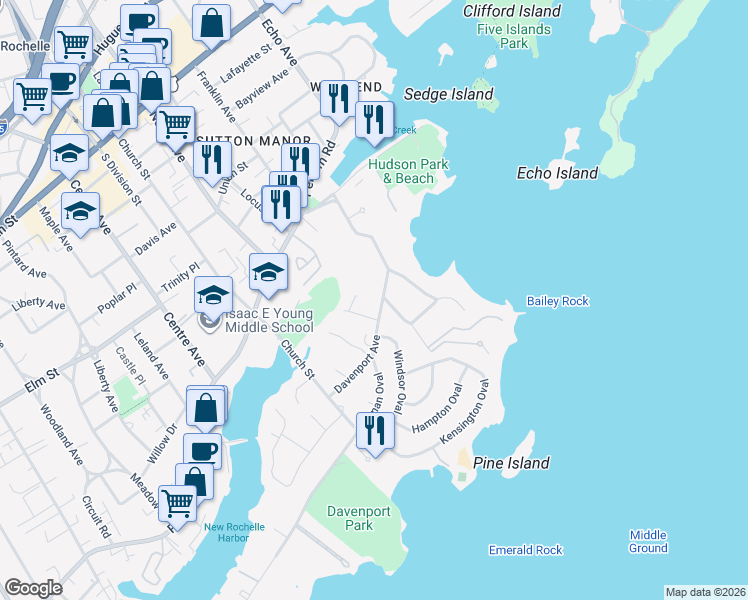 map of restaurants, bars, coffee shops, grocery stores, and more near 29 Chelsea Road in New Rochelle