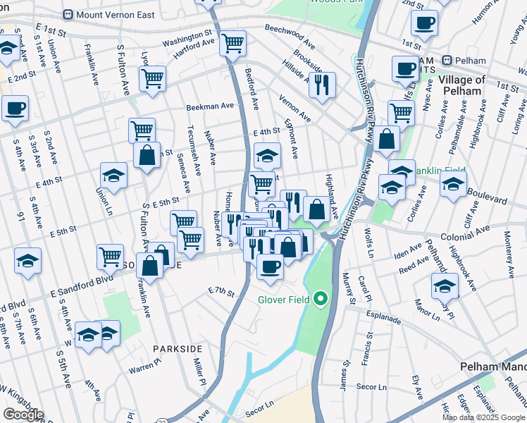 map of restaurants, bars, coffee shops, grocery stores, and more near 432 Bedford Avenue in Mount Vernon