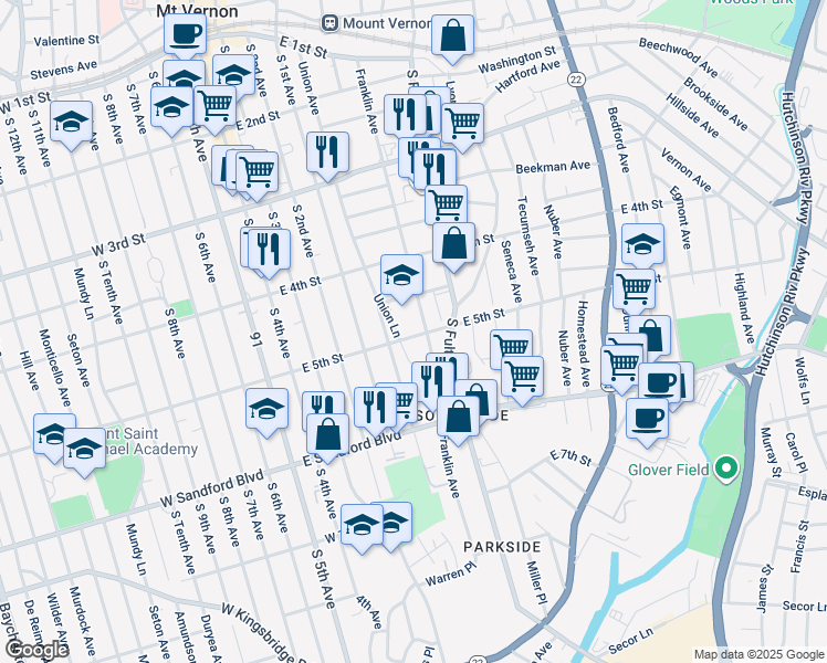 map of restaurants, bars, coffee shops, grocery stores, and more near 350 Franklin Avenue in Mount Vernon