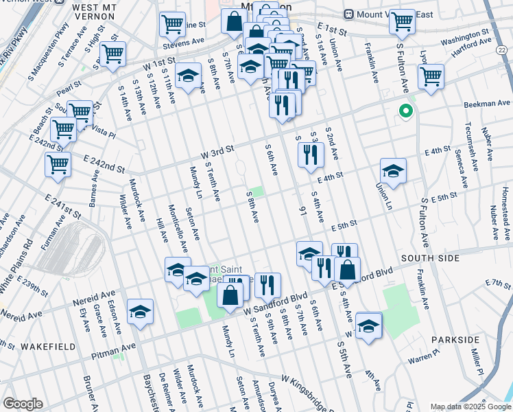 map of restaurants, bars, coffee shops, grocery stores, and more near 58 West 4th Street in Mount Vernon