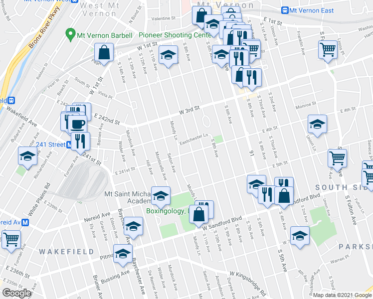 map of restaurants, bars, coffee shops, grocery stores, and more near 254 South 10th Avenue in Mount Vernon