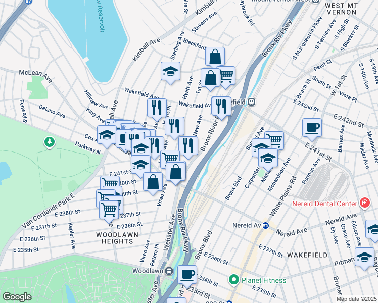 map of restaurants, bars, coffee shops, grocery stores, and more near 62 1st Street in Yonkers