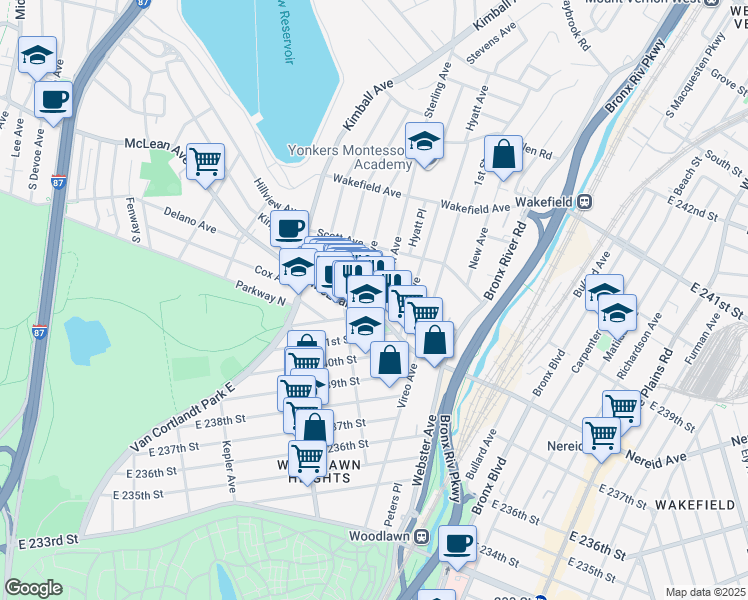 map of restaurants, bars, coffee shops, grocery stores, and more near 25 Woodlawn Avenue in Yonkers