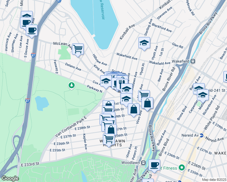 map of restaurants, bars, coffee shops, grocery stores, and more near 3 Glover Avenue in Yonkers