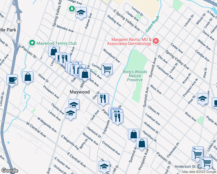 map of restaurants, bars, coffee shops, grocery stores, and more near 620 Elm Street in Maywood