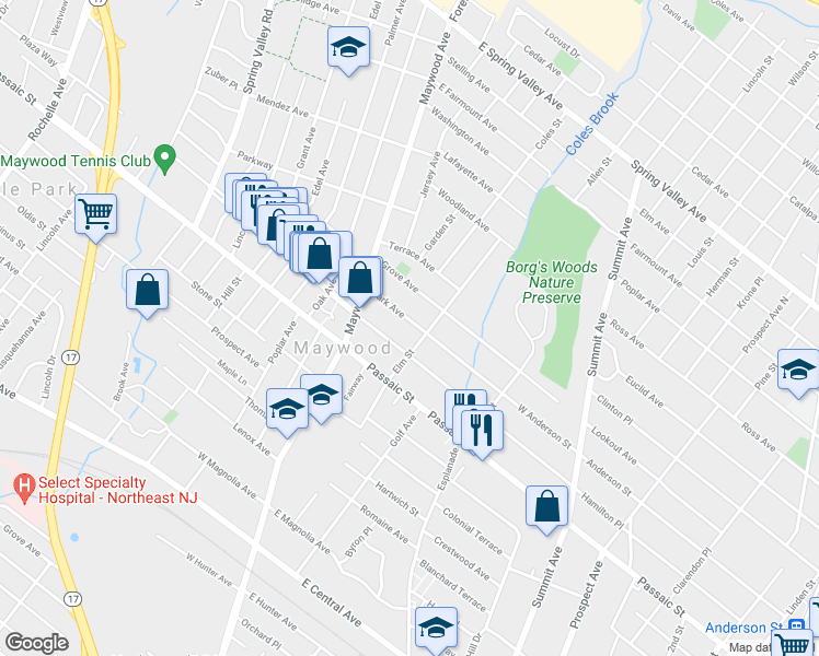 map of restaurants, bars, coffee shops, grocery stores, and more near 56 Park Avenue in Maywood