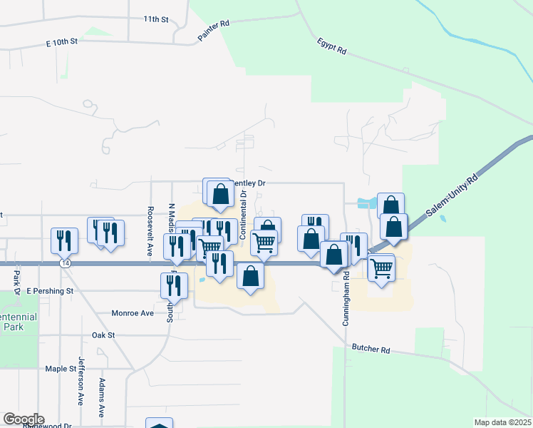 map of restaurants, bars, coffee shops, grocery stores, and more near 250 Continental Drive in Salem