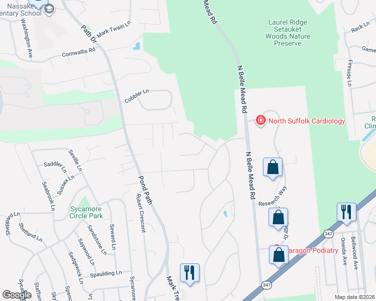 map of restaurants, bars, coffee shops, grocery stores, and more near 7 Dorm Court in Setauket- East Setauket