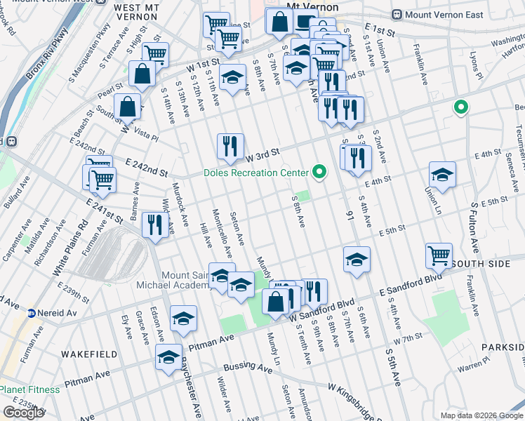 map of restaurants, bars, coffee shops, grocery stores, and more near 254 South 10th Avenue in Mount Vernon