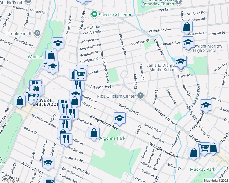 map of restaurants, bars, coffee shops, grocery stores, and more near 148 East Tryon Avenue in Teaneck