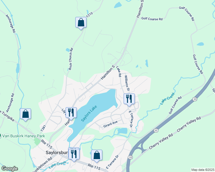 map of restaurants, bars, coffee shops, grocery stores, and more near 115 Clubhouse Road in Saylorsburg