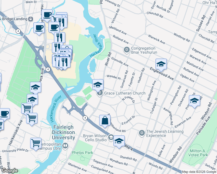 map of restaurants, bars, coffee shops, grocery stores, and more near 711 Camperdown Road in Teaneck