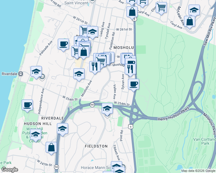 map of restaurants, bars, coffee shops, grocery stores, and more near 5550 Fieldston Road in The Bronx
