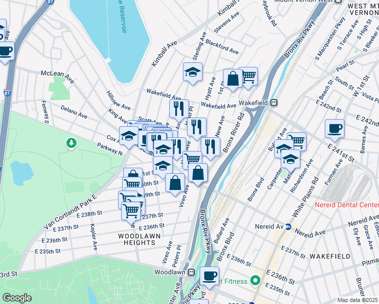 map of restaurants, bars, coffee shops, grocery stores, and more near 35 Hyatt Avenue in Yonkers