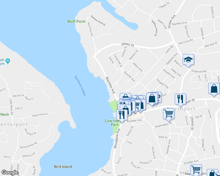map of restaurants, bars, coffee shops, grocery stores, and more near 99 Bayview Avenue in Northport