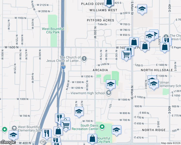 map of restaurants, bars, coffee shops, grocery stores, and more near 235 West 1400 North in Bountiful