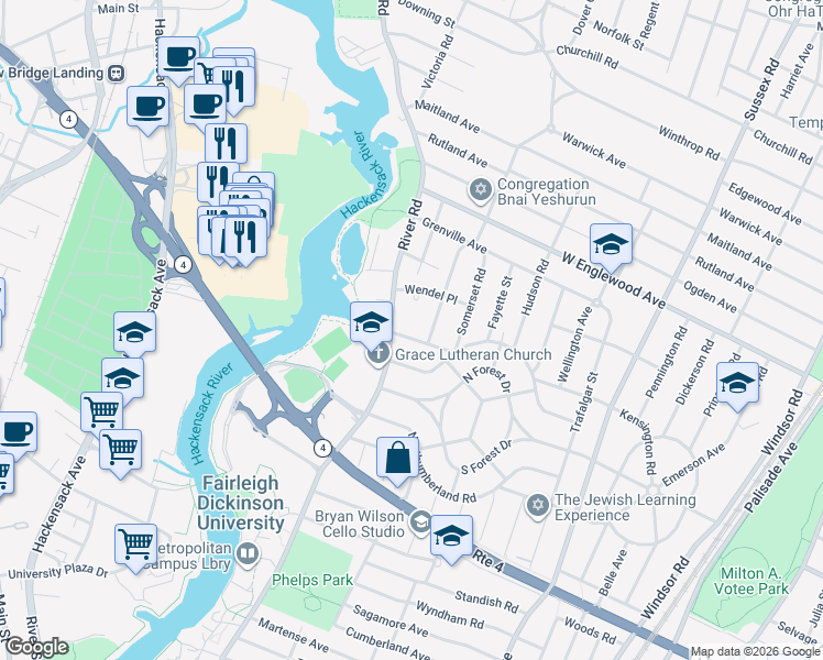 map of restaurants, bars, coffee shops, grocery stores, and more near 711 Camperdown Road in Teaneck