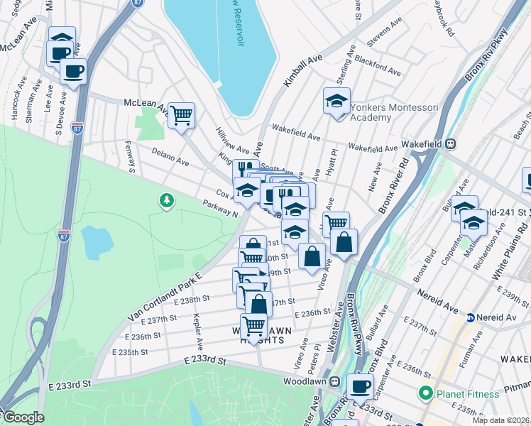 map of restaurants, bars, coffee shops, grocery stores, and more near 951 McLean Avenue in Yonkers