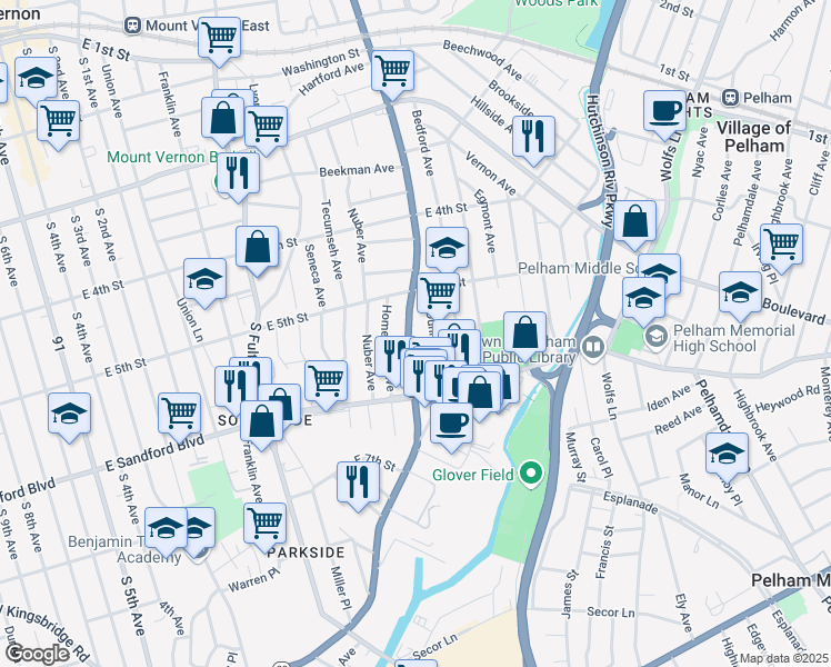 map of restaurants, bars, coffee shops, grocery stores, and more near 435 South Columbus Avenue in Mount Vernon