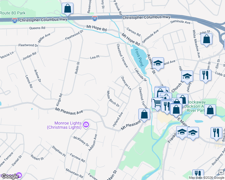 map of restaurants, bars, coffee shops, grocery stores, and more near 91 White Birch Road in Rockaway