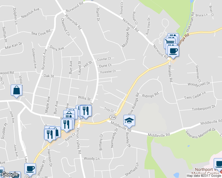 map of restaurants, bars, coffee shops, grocery stores, and more near 19 Deauville Court in Northport