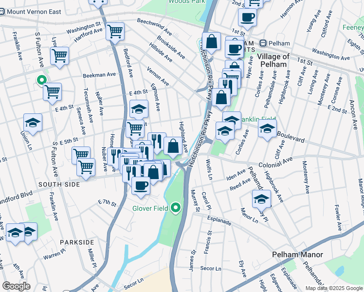 map of restaurants, bars, coffee shops, grocery stores, and more near 440 Highland Avenue in Mount Vernon