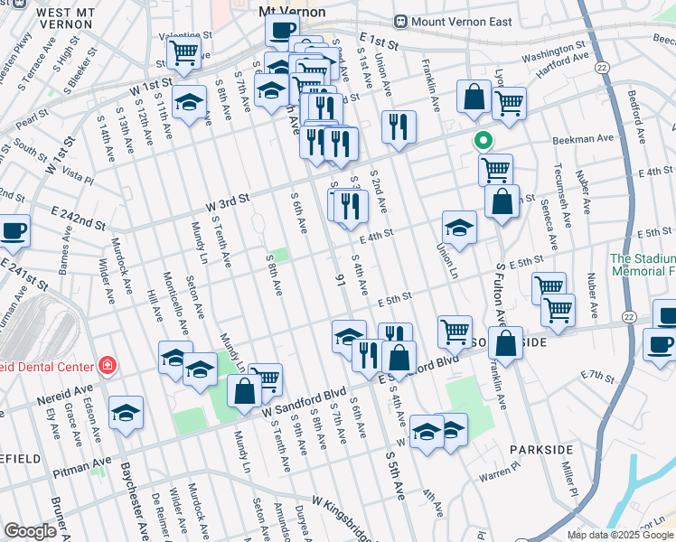 map of restaurants, bars, coffee shops, grocery stores, and more near 316 South 4th Avenue in Mount Vernon