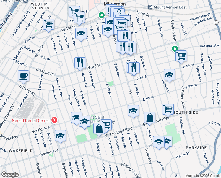 map of restaurants, bars, coffee shops, grocery stores, and more near 58 West 4th Street in Mount Vernon