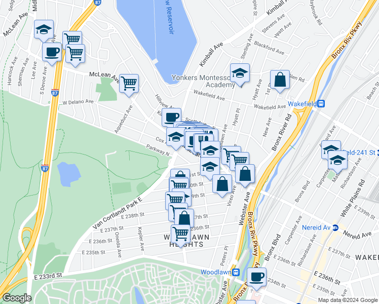 map of restaurants, bars, coffee shops, grocery stores, and more near 3 Glover Avenue in Yonkers