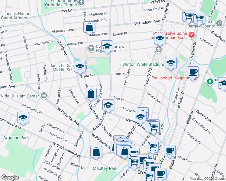 map of restaurants, bars, coffee shops, grocery stores, and more near 157 Knickerbocker Road in Englewood