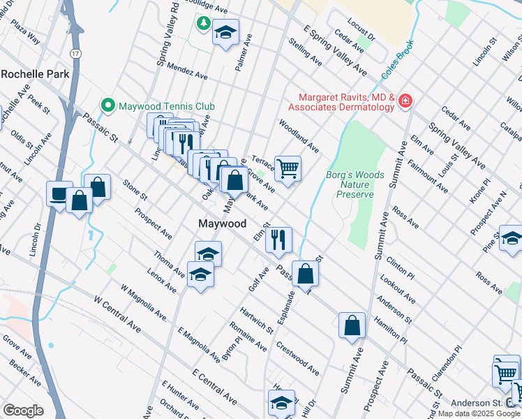 map of restaurants, bars, coffee shops, grocery stores, and more near 56 Park Avenue in Maywood