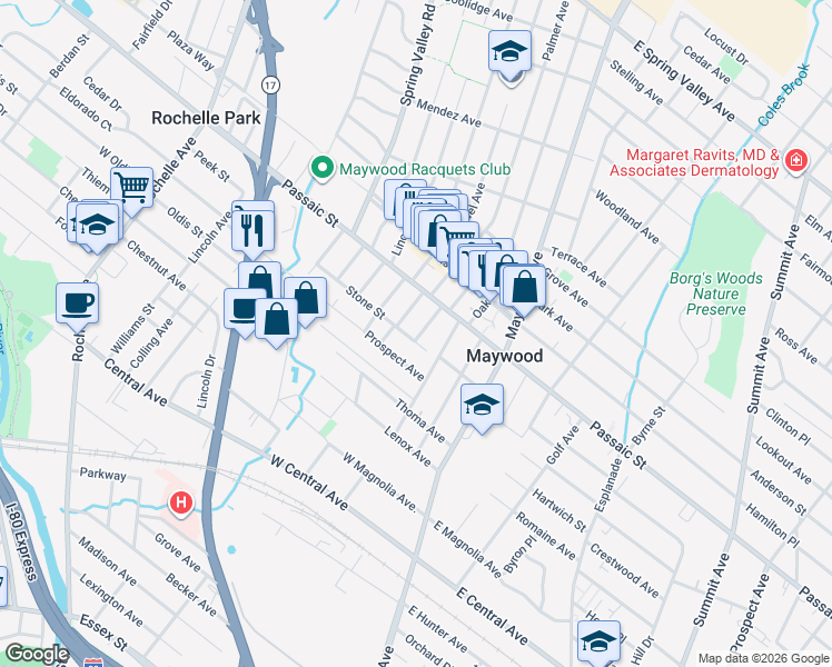 map of restaurants, bars, coffee shops, grocery stores, and more near 402 Palmer Avenue in Maywood