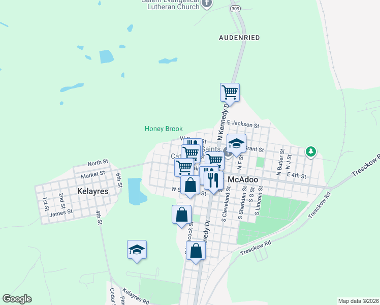 map of restaurants, bars, coffee shops, grocery stores, and more near 33 North Manning Street in McAdoo