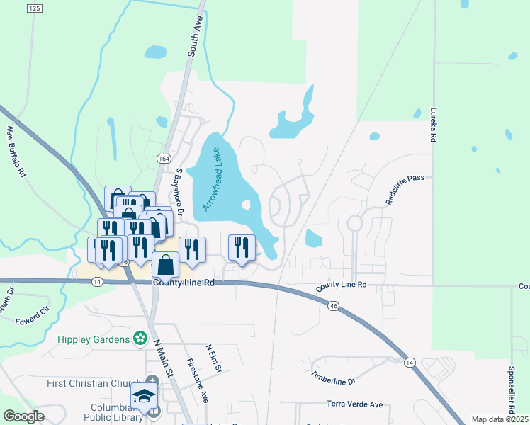 map of restaurants, bars, coffee shops, grocery stores, and more near 151 Lake Shore Drive in Columbiana