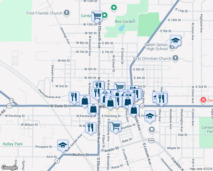 map of restaurants, bars, coffee shops, grocery stores, and more near 214 East 3rd Street in Salem
