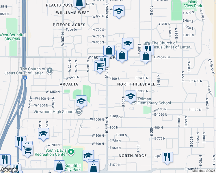 map of restaurants, bars, coffee shops, grocery stores, and more near 24 East 1350 North in Bountiful