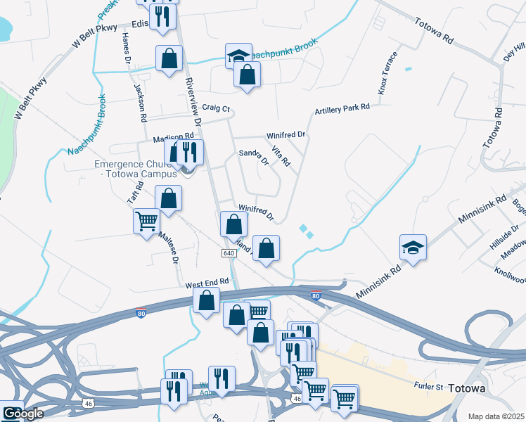 map of restaurants, bars, coffee shops, grocery stores, and more near 276 Winifred Drive in Totowa